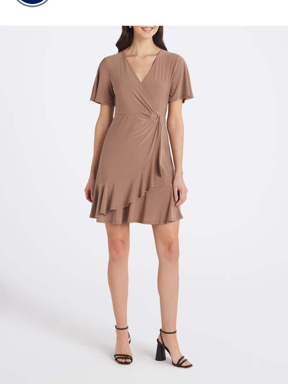 Gilli Faux-Wrap Ruffle Mini Dress in Taupe